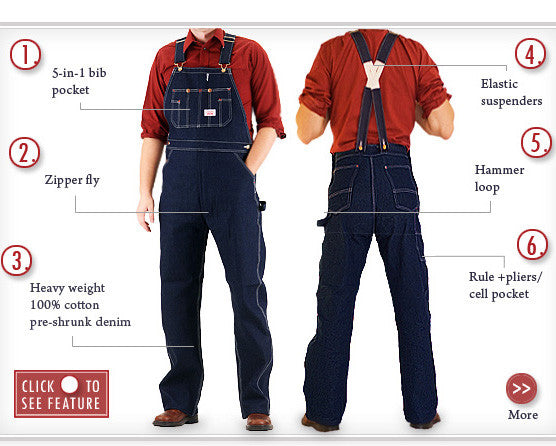Pointer Brand Low Back Full Cut Denim Overalls - Men's - Clothing